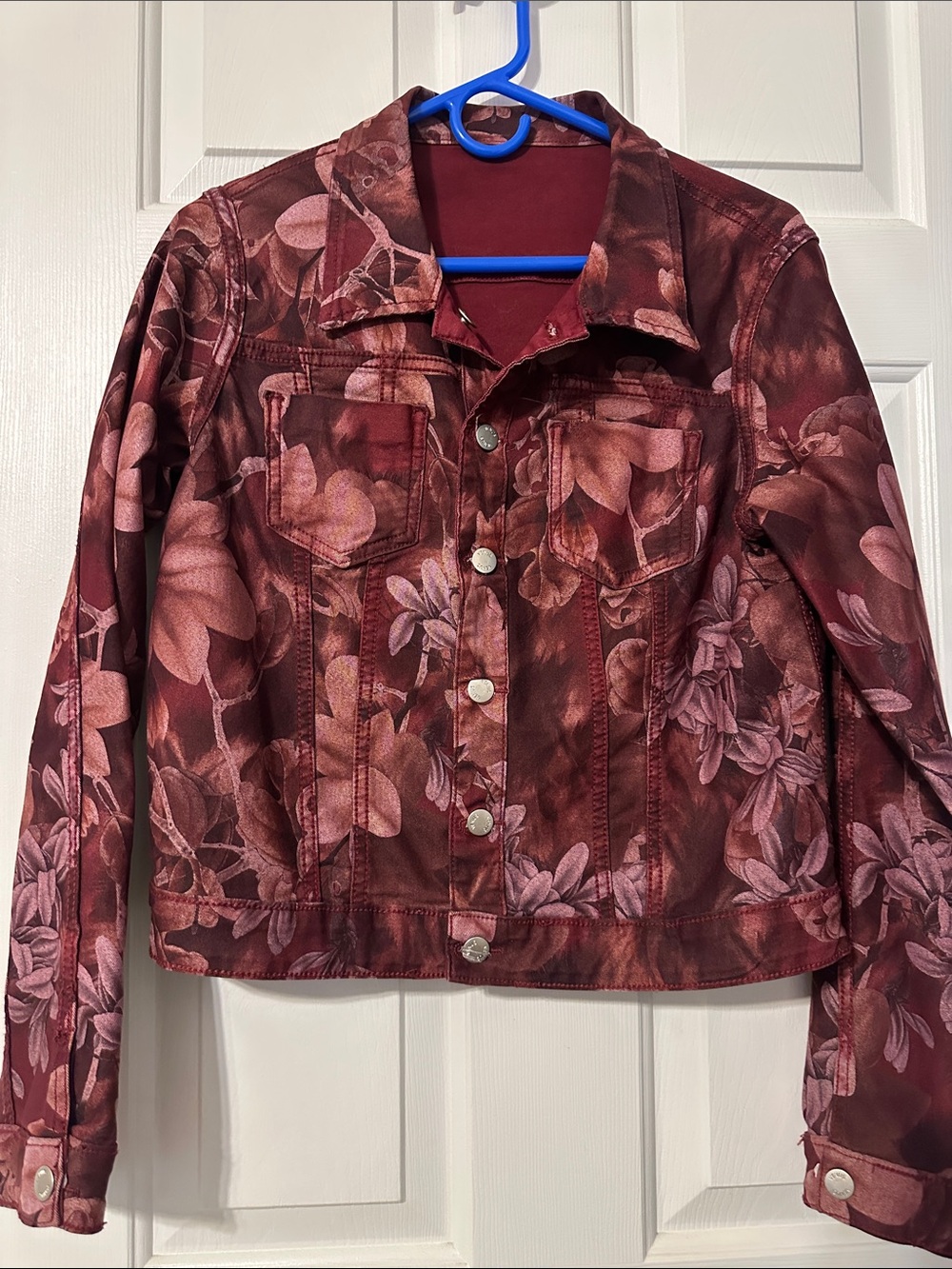 REVERSIBLE Vintage VENUS Burgundy Floral Jean Jacket with Blush Accents